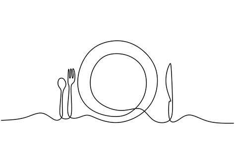 Continuous Line Drawing Of Food Symbol Sign Of Plate Knife And Fork