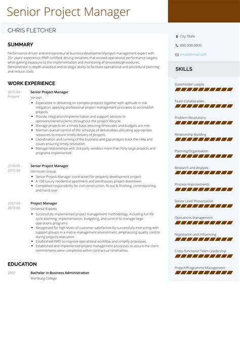 This project manager resume template checks all the right boxes. Senior Project Manager - Resume Samples and Templates | VisualCV