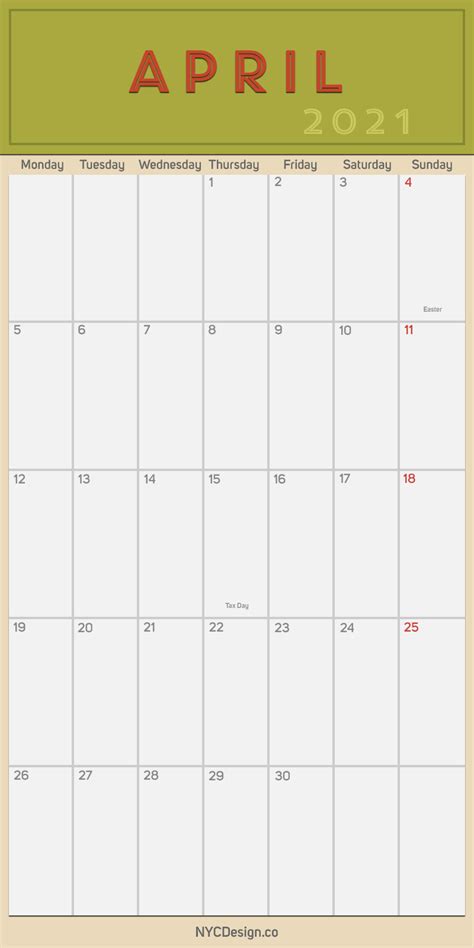 Free printable april 2021 calendar template with styles including sections by date, number sin different position of the box, holidays etc. 2021 April - Monthly Calendar with Holidays, Printable Free, PDF - Monday Start - NYCDesign.co ...