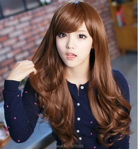 New Korean Style Long Wave Ladys Wigs Synthetic Hair Thin Bangs Wig