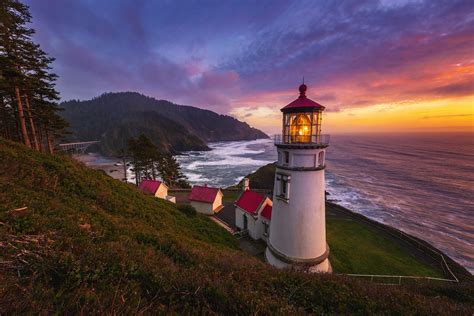 Photo Lighthouse Of The Oregon Coast Sea Sunset Free Pictures On Fonwall