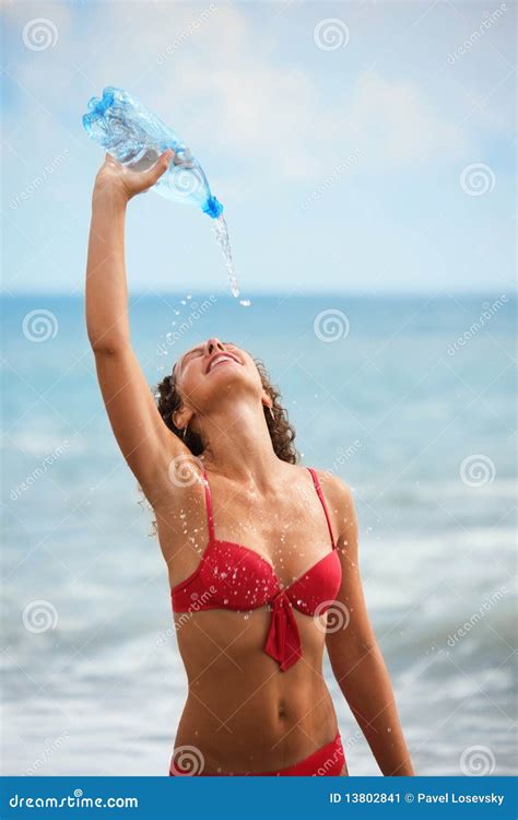 Woman With Bottle Is Staying Near Water On Sea Stock Image Image Of Beach Glamour