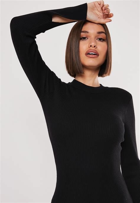 Missguided Synthetic Petite Black Long Sleeve Ribbed Knit Bodycon Dress