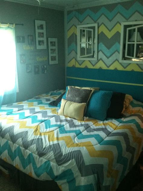 Chevron Themed Bedroom Using Yellow Gray Turquoise