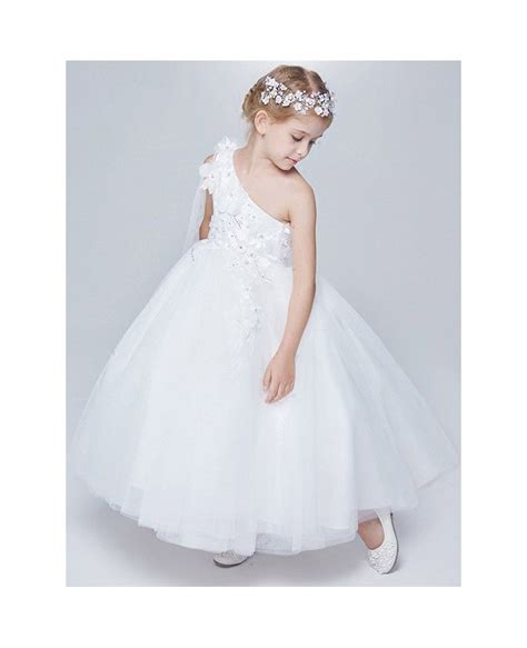one shoulder white tulle ball gown flower girl dress efa10