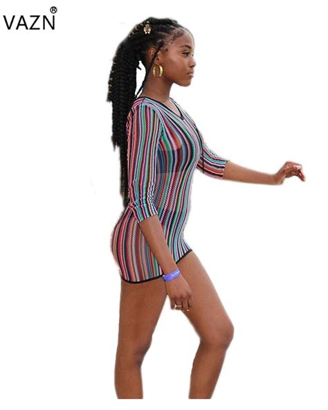 Vazn 2018 Fashion Hot Colorful Striped Mini Dress Women Sexy Full Sleeve O Neck Sheath Dress