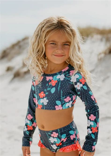 Navy Floral 2 Piece Rash Guard Set In 2022 Little Girl Swimsuits