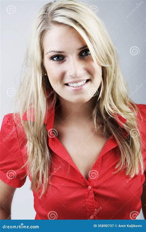 Beautiful Blond Woman In A Red Blouse Stock Image Image Of Female