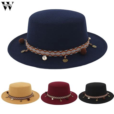 Womail Hat Summer Fedoras Women Wide Brim Wool Belt Felt Flat Top
