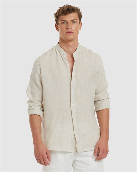 Palma Sand Mandarin Collar Linen Shirt Casual Fit Camixa