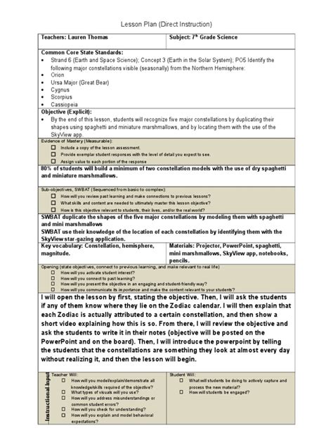 Lesson Plan 7th Grade Science Pdf Lesson Plan Constellation