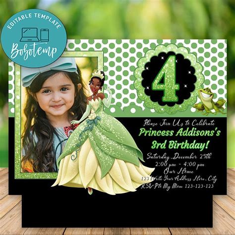 Editable Princess Tiana Party Invites With Photo Instant Download
