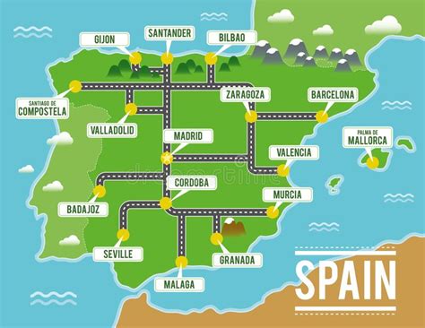 Mapa Del Vector De La Historieta De España Ejemplo Del Viaje Con Las