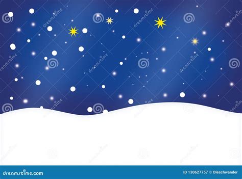 Winter Landscape With Snowflakes And Stars On A Deep Blue Sky