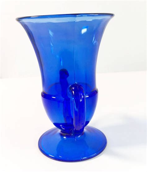 Cobalt Blue Depression Glass Double Handled Footed Vase Trophy Shaped