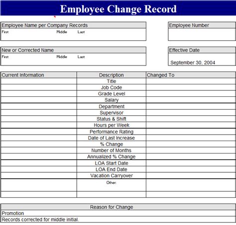 employee change record template  excel templates