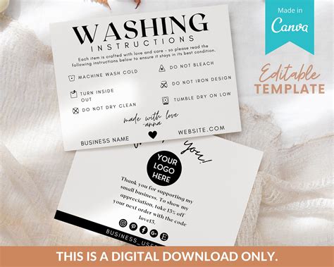 Editable Washing Instructions Card Template Canva Printable Clothing