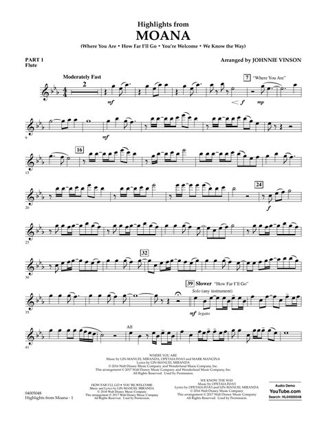 Highlights From Moana Pt1 Flute Sheet Music Johnnie Vinson