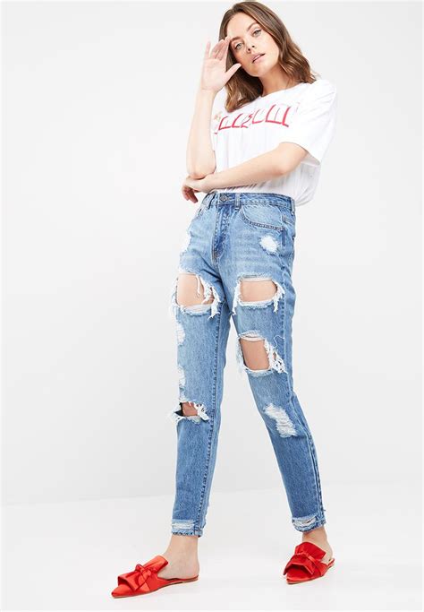 Riot High Rise Ripped Jeans Blue Missguided Jeans