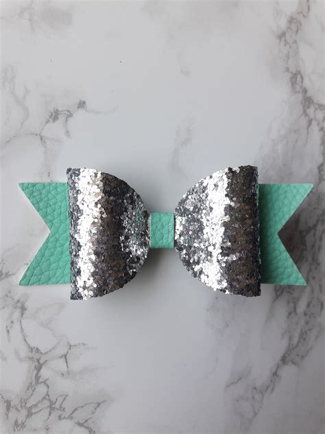 Teal And Silver Glitter Faux Leather And Canvas Hair Bows Etsy In