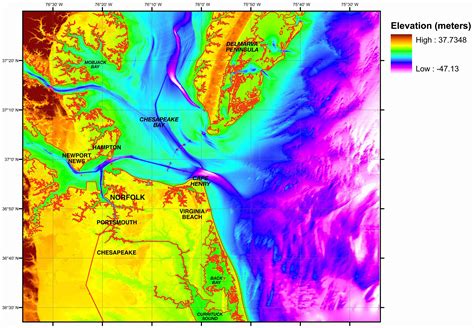 Digital Elevation Relief Of Virginia Beach Map Virginia Beach Mappery