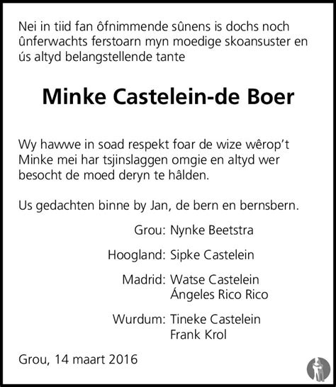 Minke Wiepkje Castelein De Boer 14 03 2016 Overlijdensbericht En