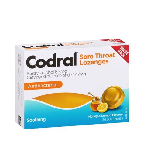 Codral Sore Throat Lozenges Antibacterial Honey And Lemon 36 Pack Zoom