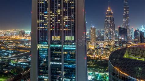 Dubai Downtown Skyline Night With Tallest Building And Sheikh Zayed