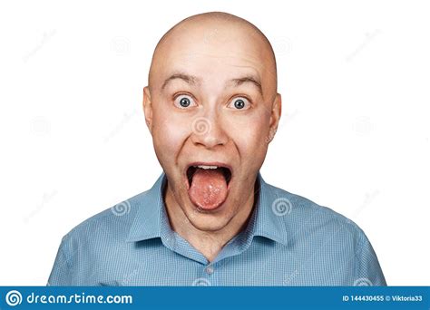 Portrait Bald Adult Guy Opened His Mouth And Shows Tongue At The Doctor