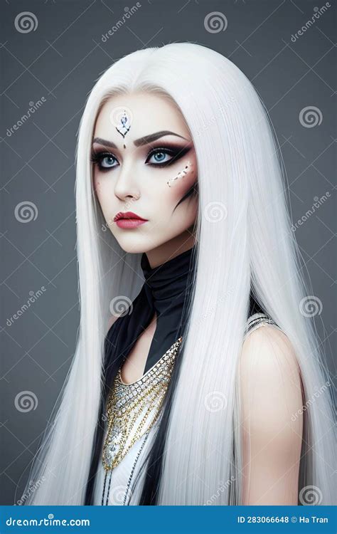 Portrait Of A Beautiful Gothic Girl With Long White Hair Stock