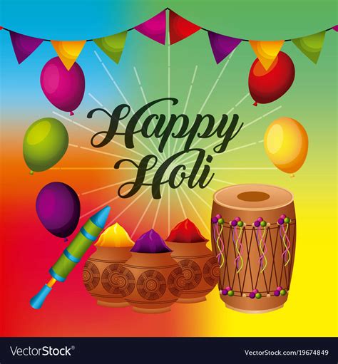 Happy Holi Greeting Card With Balloons Pennant Vector Image