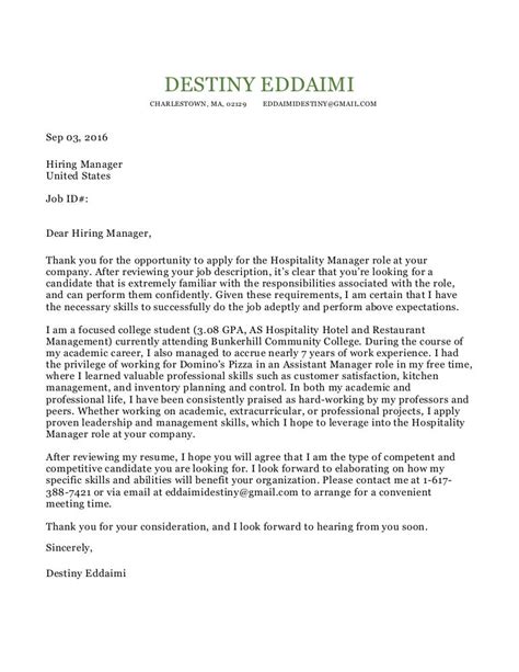 Cover Letter Template Hospitality