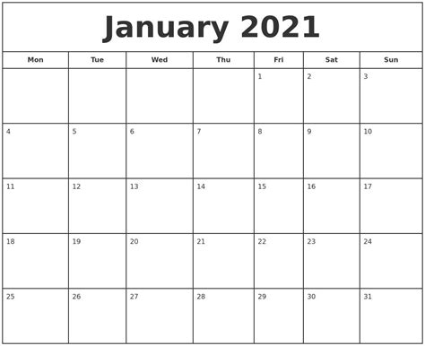 Printable January 2021 Calendar Pdf Print Calendar Printable Blank
