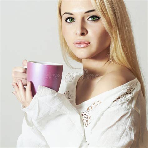 Beautiful Blond Woman Drinking Coffee Vapor Cup Tea Stock Photos Free Royalty Free Stock