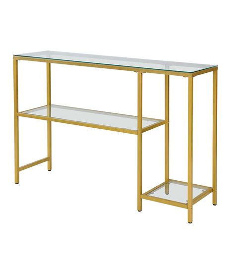 Multi Functional Tempered Glass Console Table With Shelves Gold