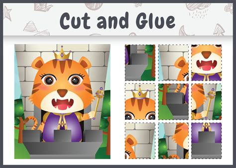 Children Board Game Cut And Glue With A Cute King Tiger Character