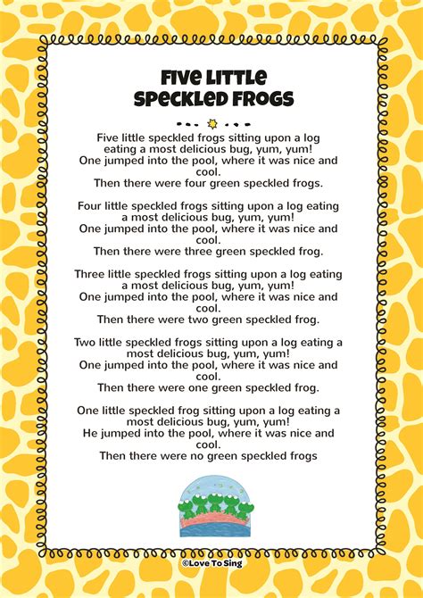 Five Little Speckled Frogs Free Video Song Lyrics And Activities