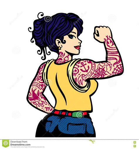 Pin Up Bad Girl With Full Sleeve Tattoo Inked Tattooed Woman Vector