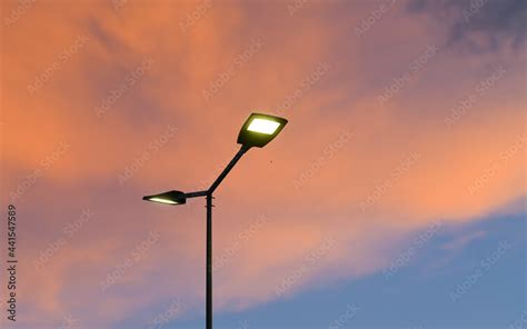 Public Street Lighting Pole With Led Lights With An Amazing Sunset