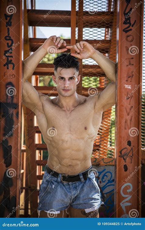 Muscular Shirtless Hunk Man Outdoor In City Park Stock Image Image Of