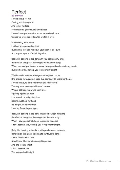 Lyrics Perfect By Ed Sheeran English Esl Worksheets For Distance
