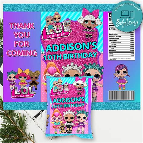 Lol Surprise Dolls Birthday Chip Bag Digital File Printable Diy