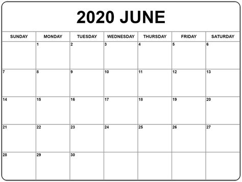 Blank Calendar June 2020 Editable Pdf Printable Blank Calendar Template