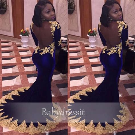 sexy high neck long sleeve black girl real sample royal blue velvet prom dress 2017 backless