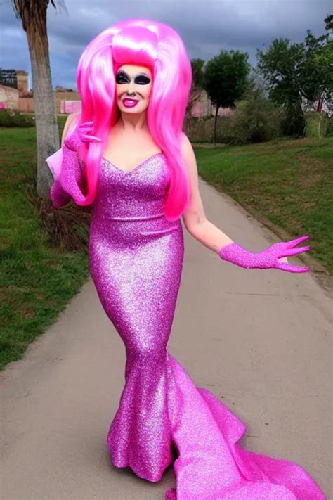 Sassy Drag Queen Wearing Pink Glitter Mermaid Gown Stable Diffusion