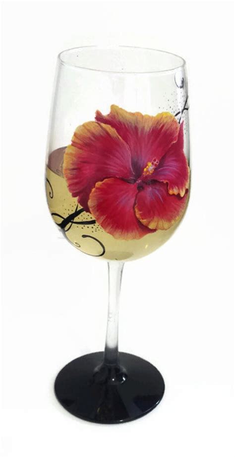 Hibiscus Flower Hand Painted Wine Glass Hot Pink Floral Unique Etsy