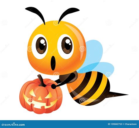 Happy Halloween Cartoon Cute Bee Holding A Halloween Pumpkin With