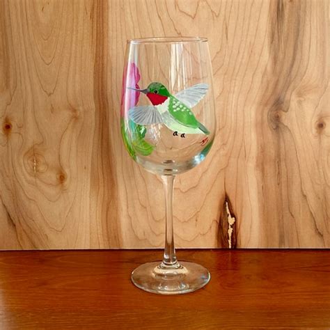 Hand Painted Wine Glass Hummingbird Flower Bird Wine Glass Etsy