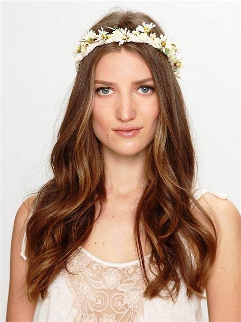 Boho Brides Long Down Hairstyle With Daisy Flower Crown Bridal Hair