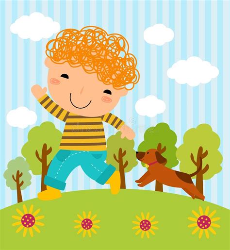 A Boy And His Dog Playing In The Park Stock Vector Illustration Of